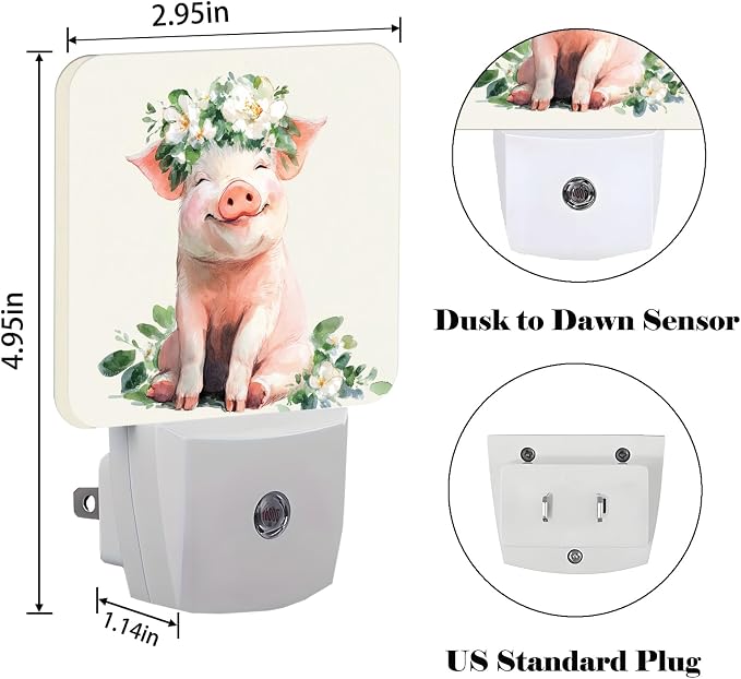 Pink Cute Pig Night Light,Plug Into Wall Decor for Stairway,Hallway,Kitchen,Dusk to Dawn Sensor Nightlights for Boys/Girls/Women/Men Room Gifts