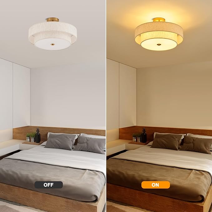 18" Gold Semi Flush Mount Ceiling Light, 3-Light Double Drum | Beige Linen Double Drum Shade, Modern Gold Light Fixture For Bedroom,Living, Kitchen,Laundry; Close-To-Ceiling, E26, Dimmable