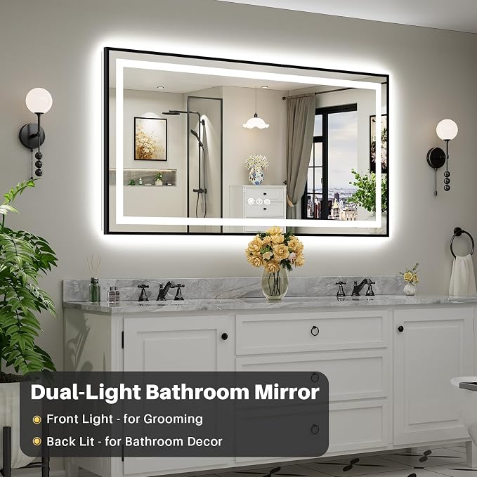 66x36 Inch LED Bathroom Mirror with Black Frame, Backlit & Front Lit | Anti-fog, 3 Color Dimmable, Memory Function, HD Reflection Tempered Glass, ETL Listed, IP54 Waterproof