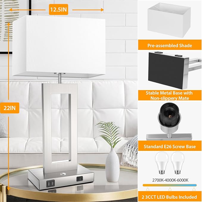 22’’ Touch Control Table Lamps Set of 2, 3 Color Temperatures Bedroom Bedside Lamps, Modern Silver Dimmable Lamps with USB Ports & AC Outlet, Tall Living Room Lamps for Nightstand End Table, 2 Bulbs