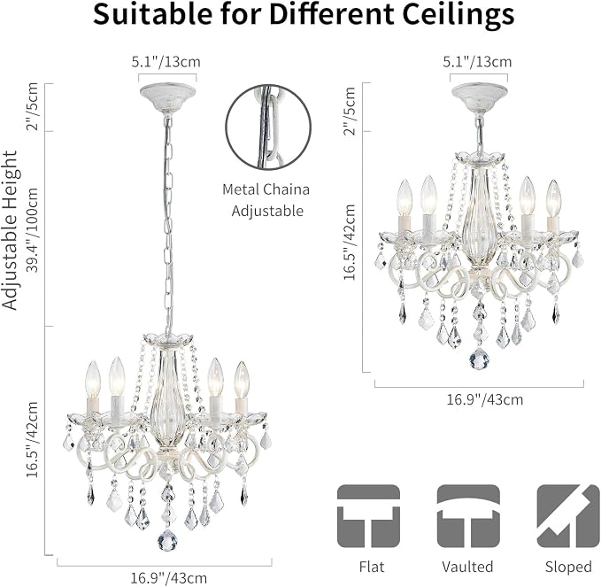ANJIADENGSHI Small Crystal Chandelier, Modern White Chandelier Dining Room Light Fixture, Mini Crystal Pendant Light for Bedroom Ceiling Light Fixture for Living Room Entryway Kitchen Island Hallway