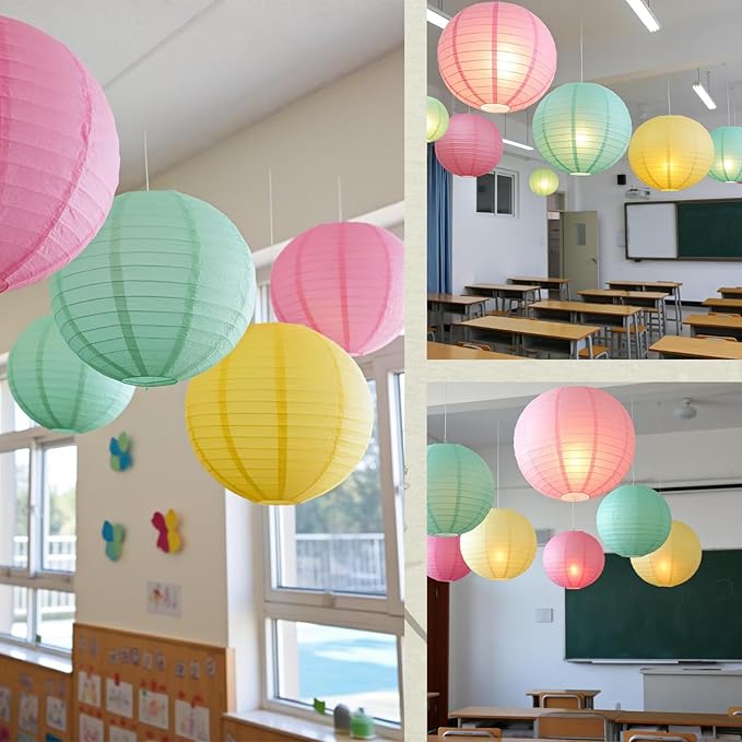 Chinese Paper Lanterns - Pack of 10, 10-Inch Yellow/Pink/Light Green Hanging Lights for Birthday Party Decorations, Ceiling Decor, Rainbow Classroom, Wedding, and Party