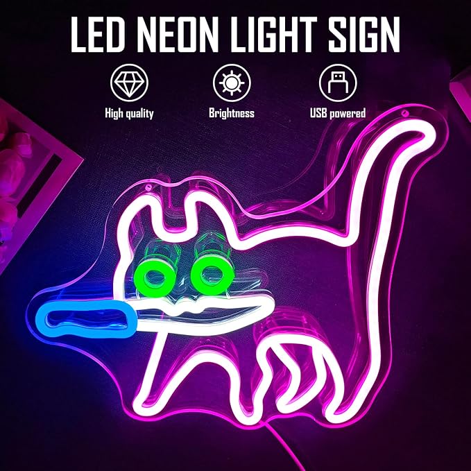 Cautiously Cat Neon Signs for Wall Decor Dimmable Sneaky Cat Knife Neon Light Sign for Bedroom Pink Anime Cat Neon Sign for Zoo Cat Cafe Cat Man Cave