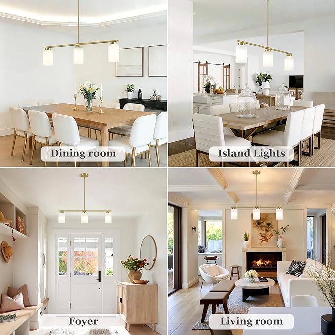 3-Light Gold Kitchen Island Lighting 31" Pendant Light with Milk Glass Shade Adjustable Height Linear Chandelier for Dining Room Modern Farmhouse Light Fixture Over Table, Bar, Living Room, Foyer, E26