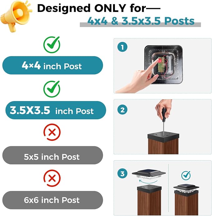 kolpop 4x4 Solar Post Cap Lights Outdoor 2Pack- 3 Color Temperatures& 2 Level Brightness, IP65 Waterproof, 16 LED Black Fence Deck Post Light Solar Powered Only for 4×4/3.5×3.5 Wood/Vinyl Posts