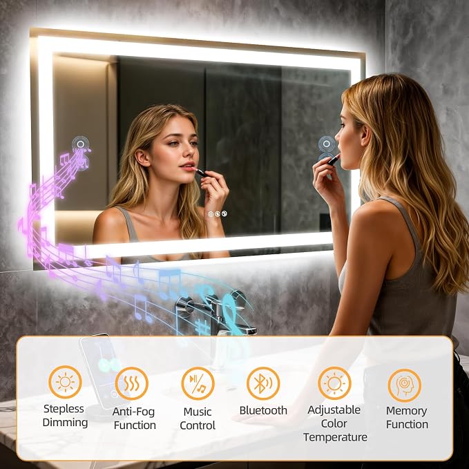 48"x28" LED Bathroom Mirror with Lights,Bluetooth Dual Speaker | Anti-Fog,3 Color Temperature,Dimmable Brightness,Memory Function,Waterproof,Wall Mount Design,Tempered Glass