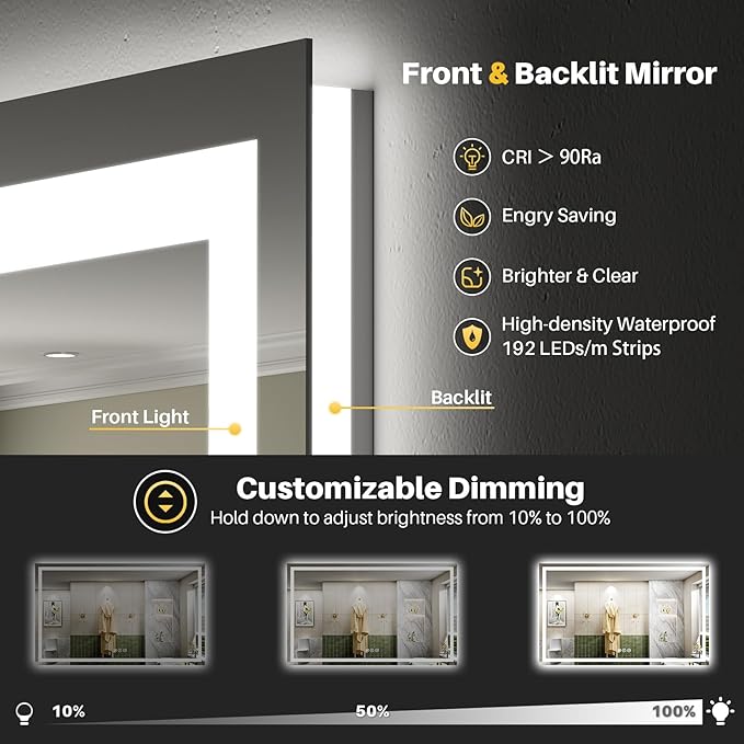 68x36 Inch LED Bathroom Mirror with Lights, Backlit & Front Lit | Anti-fog, 3 Color Dimmable, Memory Function, HD Reflection Tempered Glass, ETL Listed, IP54 Waterproof