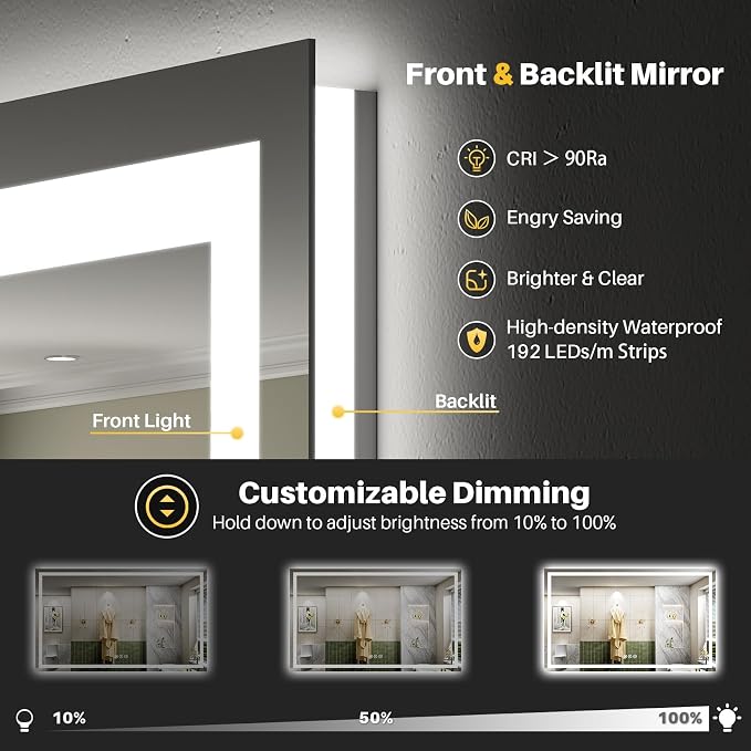 68x38 Inch LED Bathroom Mirror with Lights, Backlit & Front Lit | Anti-fog, 3 Color Dimmable, Memory Function, HD Reflection Tempered Glass, ETL Listed, IP54 Waterproof