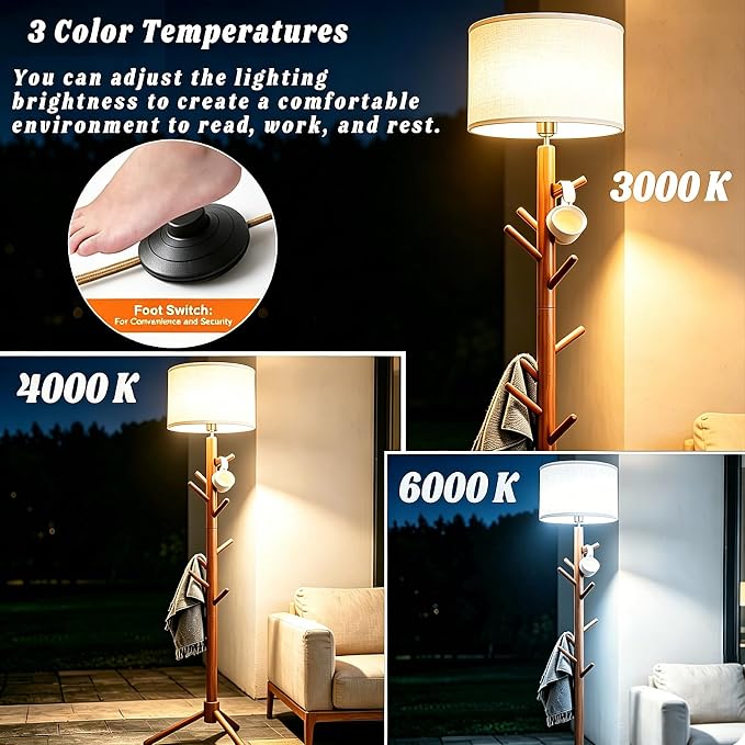Floor Lamp with Coat Rack, 2-in-1 Entryway Tall Lamp 3 Color Dimmable 78.8" Standing Lamps with 6 Hooks & Triangular Base for Living Room Corner, Bedroom, Small Apartments & Foyers