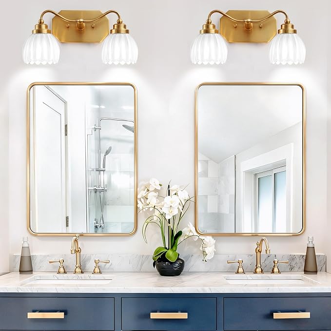 Vintage Gold Vanity Lights, 2 Light Milk White Tulip Crystal | Antique Brass Finish, Brushed Gold Bathroom Light Fixtures, Wall Sconce Ideal for Bedroom, E26 Compatible, Easy Install