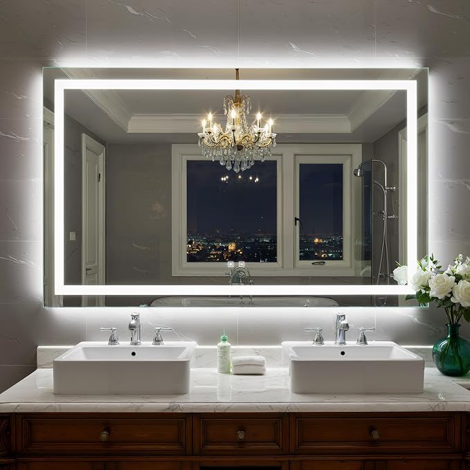 55X36 Inch Frontlit+ Backlit LED Bathroom Mirror with Lights | Bathroom Vanity Mirror for Wall, Ultra-Clear Tempered Glass, Shatter-Proof, Anti-Fog and Memory Function, ETL Listed