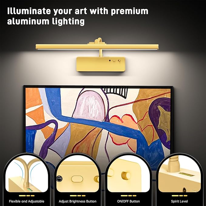 Picture Light, 15.35inch Picture Lights for Wall Rechargeable, Battery Wall Light Over Picture Frame, 3 Color Art Lighting for Paintings with Timer and Dimmable Artwork Display (Gold-2PCS)