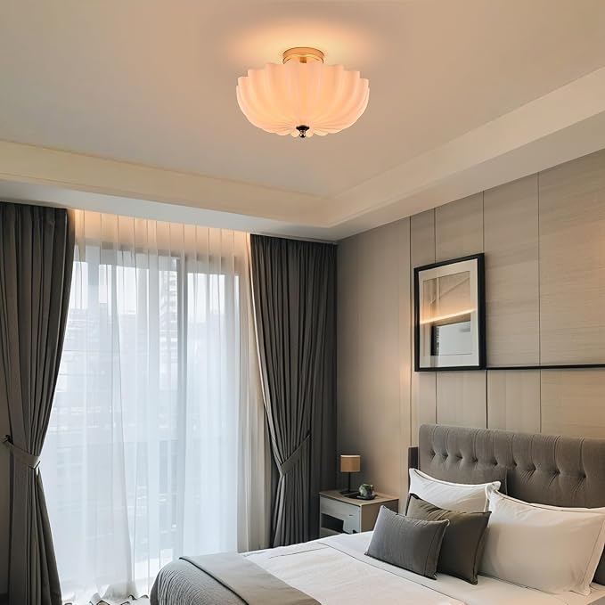 Modern Gold Semi Flush Mount Ceiling Light with Milky Flower Glass | Brushed Brass Ceiling Light with Scalloped Shade Close to Ceiling Light Fixture for Living Room Bedroom Entryway