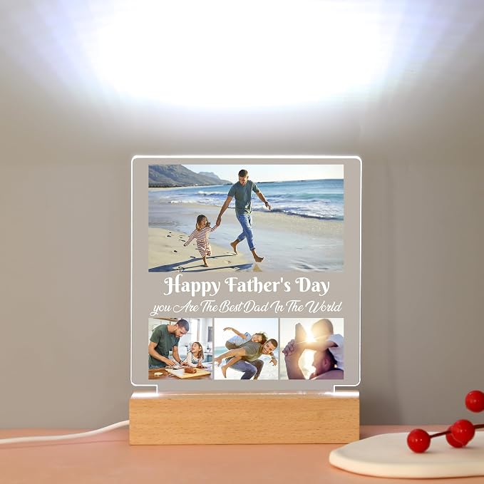 WSYEAR Customized Fathers Day Birthday Gifts for Dad from Wife Daughter Custom Dad Gifts from Son Kids Personalized Acrylic Plaque Printed with Photos LED Night Light Gifts for Papa Daddy