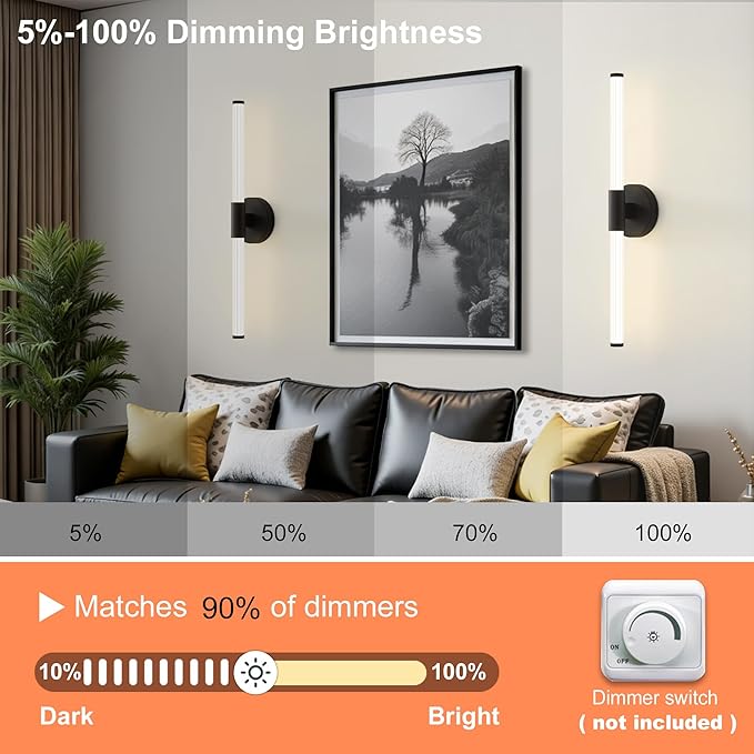 Dimmable LED Bathroom Vanity Lights 360° Full Lighting Bathroom Light Fixtures Over Mirror Vanity Light Bar Modern Wall Sconce 4000K Natural White Light for Home Hardwired, Black, 23 inch