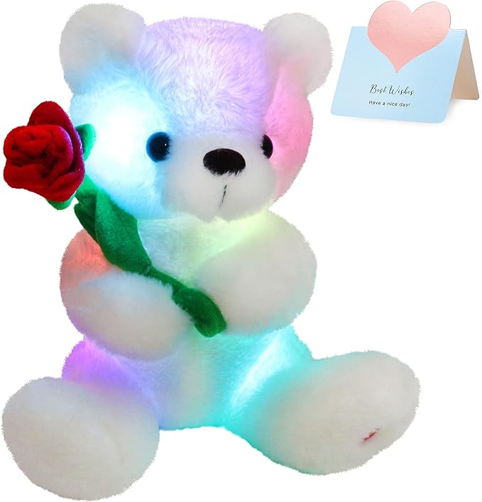 Houwsbaby Glow Teddy Bear with Rose White Bear Stuffed Animal Soft Light Up Plush Toy LED Night Lights Birthday Christmas for Kids Toddler Girlfriend,White,10.5''
