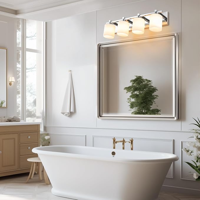 Modern Bathroom Light Fixtures Over Mirror, Vanity Lights for Bathroom Wall Sconces with Milky White Glass Shades, E26 Socket (Bulbs Not Included), 4 Light, Chrome