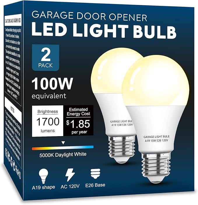 Garage Door Opener LED Light Bulb 2 Pack，15W Equivalent to 100W Garage Light Bulb,A19 3000K Soft White E26 Base 120V Outdoor Light Bulbs,Minimize Interference,Dimmable