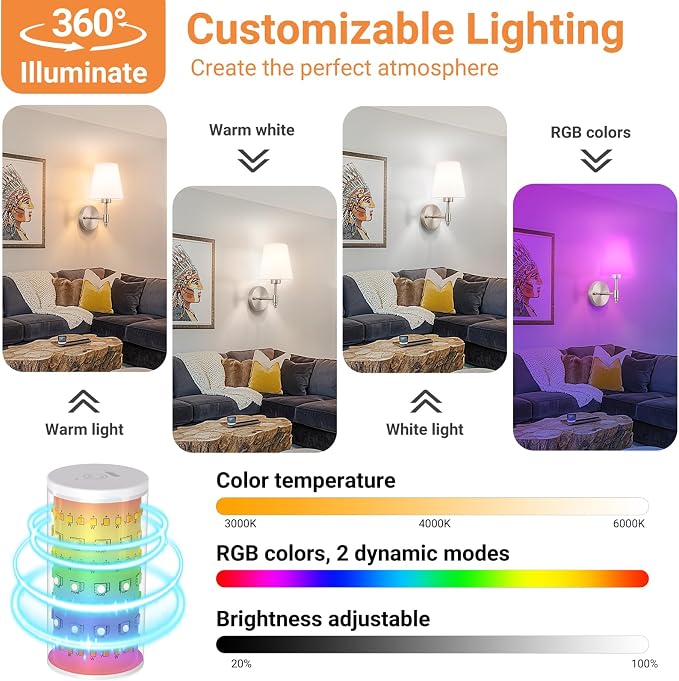 Peel and Stick Wall Sconces, Stick On Wall Sconce Set of 2, Battery Operated Wireless Adhesive Wall Lights, Corn Bulb with 10000mAh Battery, Easy Install for Bedroom Living Room Wall Decor