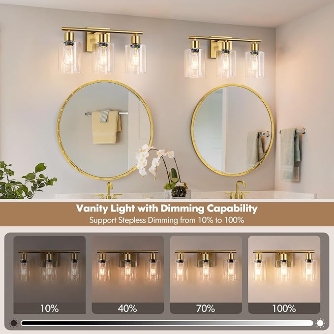 Battery Operated Wall Sconce, 3-Light Dimmable Rechargeable Wireless Vanity Light Fixture with Remote & Bulbs, Gold Indoor Non-Hardwired Decor Wall Lamp for Bedroom, Living Room, Hallway, Mirror
