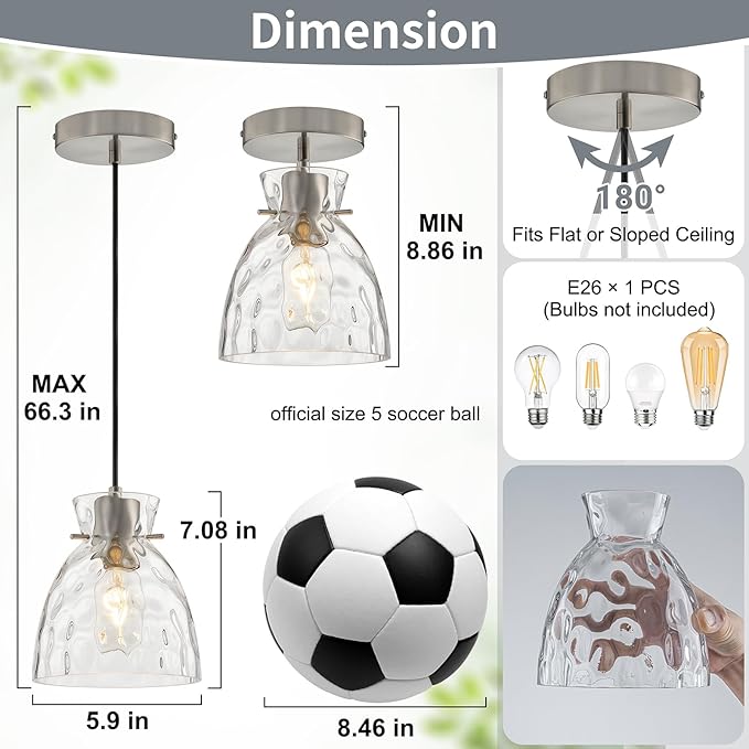 Hammered Glass Pendant Lights Kitchen Island, 5.9“ Small Brushed Nickel Pendant Light Fixtures, Adjustable Modern Hanging Lights Kitchen Pendant Lighting over Island Sink Bathroom Dining Room Bedroom