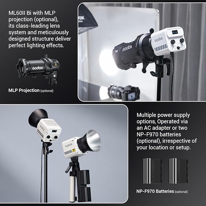 Godox ML60IIBi Bi-Color LED Video Light,70W Portable COB Continuous Output Lighting 2800K-6500K CRI 96+/TLCI 97+,11 FX Effects, APP Control Ultra-Quiet Handheld LED Light with AK-B01 Battery Base