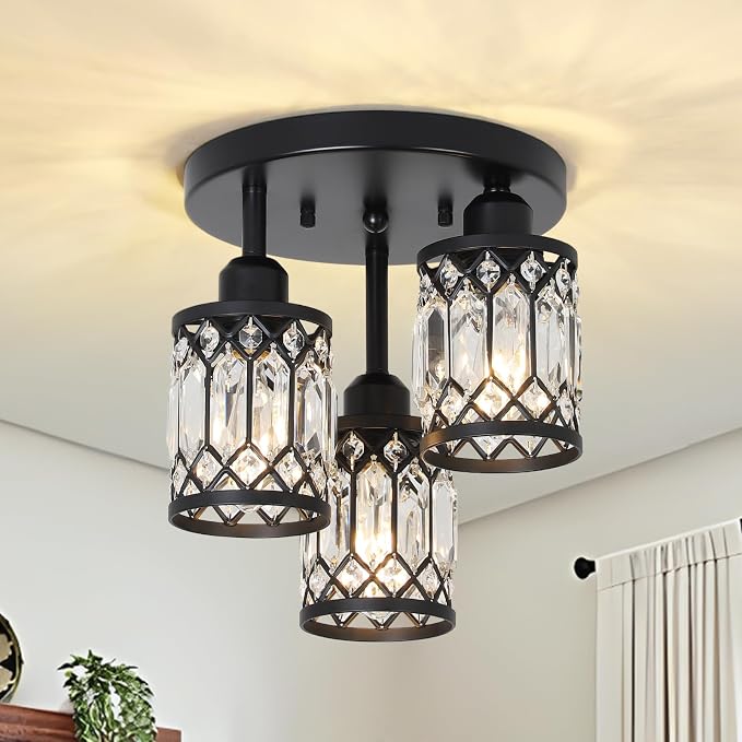 PAUFUL Semi Flush Mount Ceiling Light,3-Light Modern Crystal Close to Ceiling Light Fixtures, Black Kitchen Light Fixtures with Clear Crystal Shade,Hallway Light Fixtures for Hallway Bedroom Bathroom