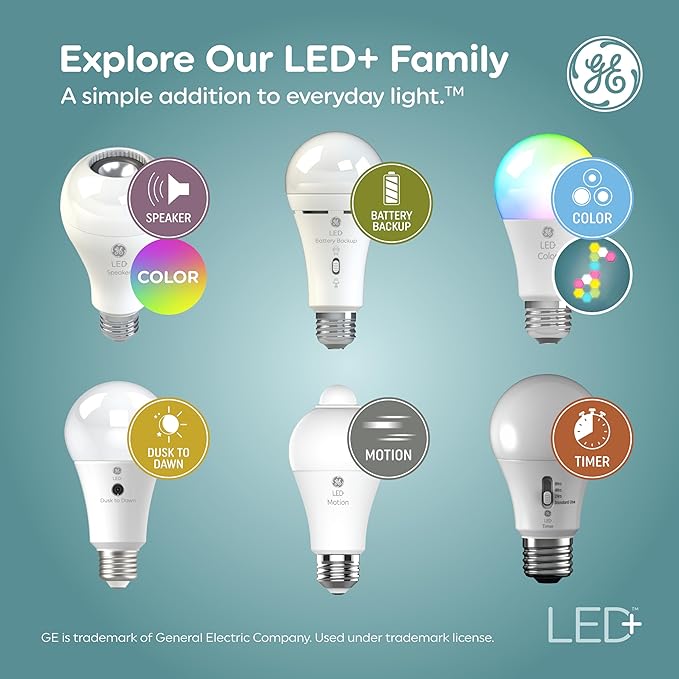 GE LED+ Speaker Light Bulb, Soft White, Bluetooth Speaker, No App or Wi-Fi Required, Remote Included, A21 Light Bulbs, 60W (3 Pack)