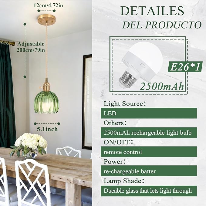 Battery Operated Pendant Light,Mini Hanging Lights 5.1Inch 2500mAh RGB Rechargeable Light Bulb with Remote Control Wireless Adjustable Rechargeable Chandelier for Kitchen Island Hallway