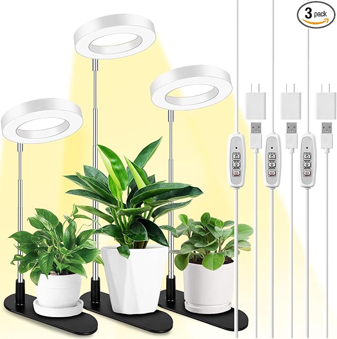 LORDEM Plant Grow Light, Full Spectrum Halo Desk Light, Height Adjustable 7.8"-26", LED Growing Lamp, Automatic Timer 4H/8H/12H, 4 Level Dimmable, Ideal for Indoor Plants, White, 3 Pack
