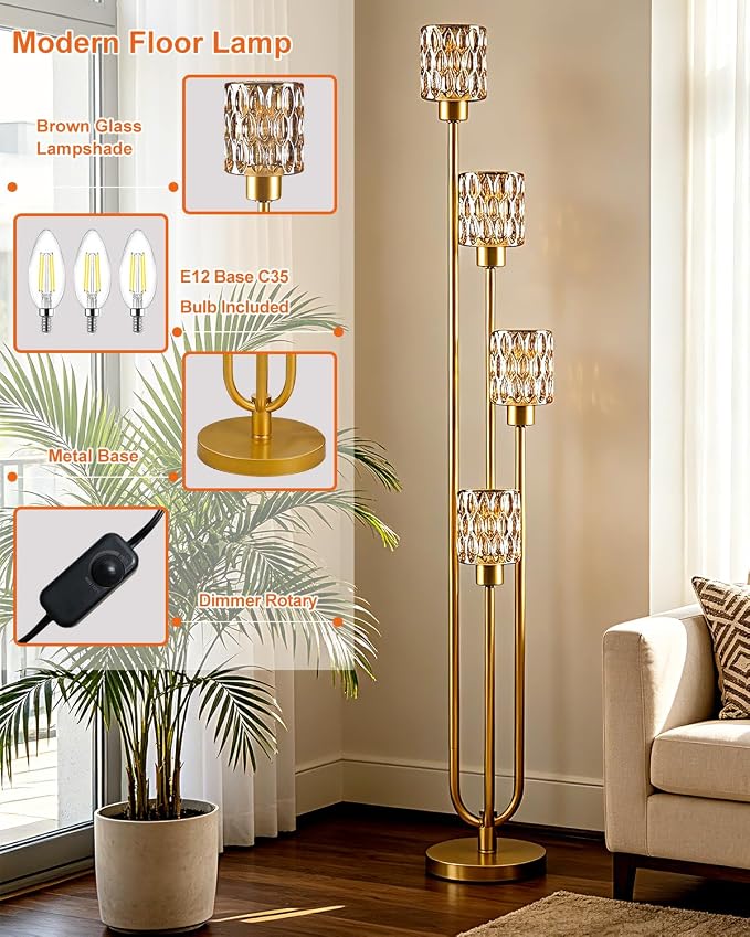Vintage 4-Light Amber Glass Floor Lamp, Dimmable Gold Standing Tall Lamp for Reading, Mid Century Modern Floor Lamp for Living Room Bedroom Home Office Corner Decor, Bulb Included