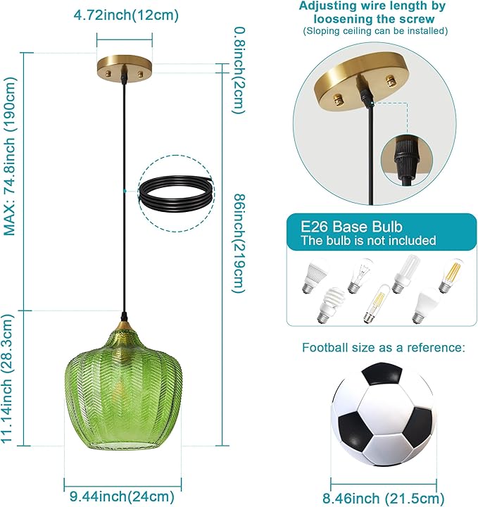 Modern Gold Pendant Light, Green Glass Farmhouse Kitchen Island Pendant Light Fixture Adjustable Vintage Hanging Ceiling Light for Dining Room Corridor 9.45 inch 1 Pack, UL Certification