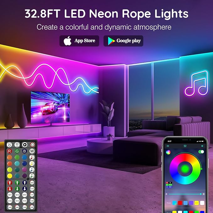 LETIANPAI 32.8Ft Neon Rope Lights,Flexible Led Rope Lights Control with App/Remote,Multiple Modes Rope Lights,IP65 Outdoor RGB Led Neon Lights Waterproof,Music Sync Gaming Led Light Strip (32.8FT)