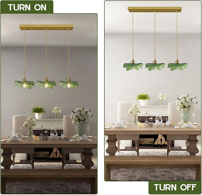 Glass Chandelier for Dining Room Vintage Chandelier Lighting 3-Light Hand Blown Gold Mid Century Modern Pendant Light with Green Glass Shade for Kitchen Island Bedroom Living Room