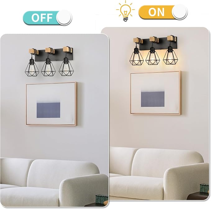 foucasal 3-Light Farmhouse Vanity Lights, Rustic Wood Bathroom Light | Black Metal Cage & Wood Vanity Light Fixtures Over Mirror, Wall Sconce Lighting for Bathroom Bedroom Hallway Living Room