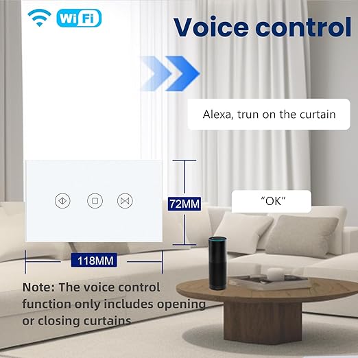 Smart Curtain Switch Single Gang 2.4GHz Wi-Fi Touch Switch, Neutral Wire Required,Work with Smart Life/Tuya App and Alexa,Tempered Glass Panel,White