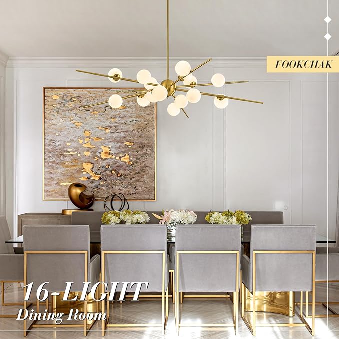 Large Gold Sputnik Chandelier 51in 16-Light Frosted Glass Chandelier Light Fixture Mid-Century Modern Molecular Chandeliers for Large Living Room Dining Room Foyer Kitchen Bedroom