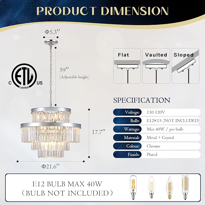 22" Modern Crystal Chandeliers 15 Lights Chrome Ceiling Pendant Light 4-Tier Luxury Round K9 Crystal Light Fixture for Living Room Dining Room Bedroom Kitchen Foyer