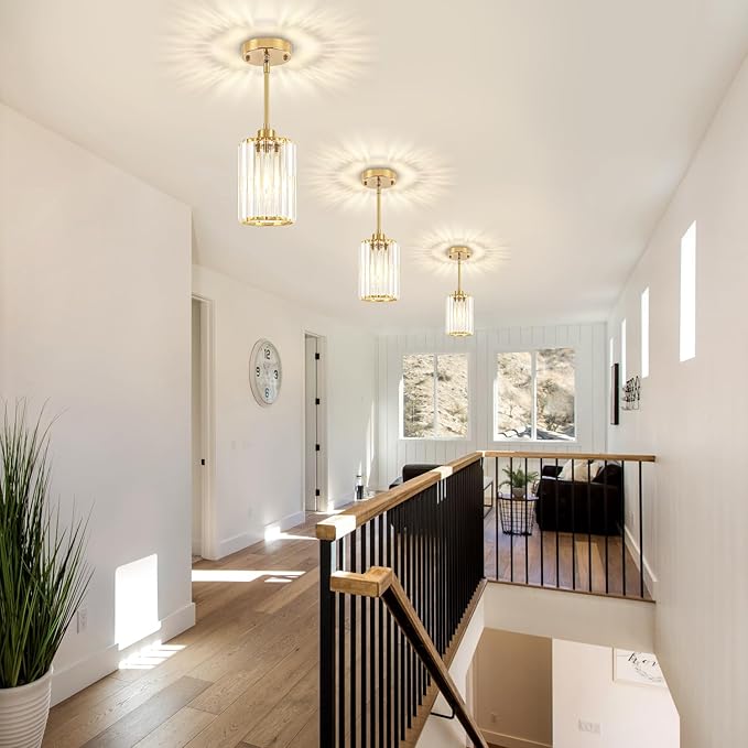 2 Pack Crystal Pendant Lights Kitchen Island, Brushed Brass Kitchen Pendant Lighting Over Island, Modern Dining Room Light Fixtures Adjustable Hanging Pendant Light for Bathroom Hallway Bedroom Foyer