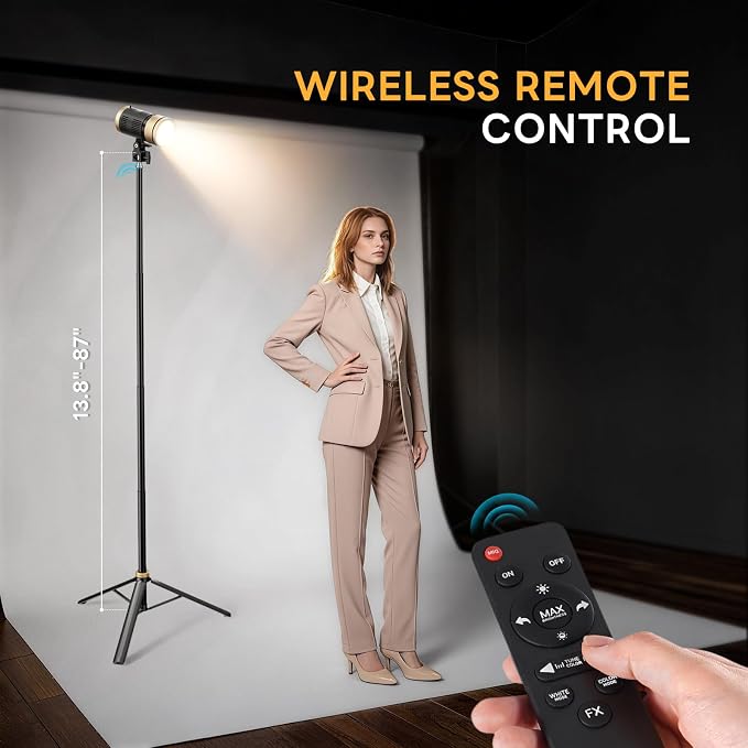 NiceVeedi 20W 5-Color Spotlight for Photography with 87” Tripod, 2800K-6500K Zoomable Photography Lighting with Remote & Cooling System, Hair Spotlight for Streaming, Video, Content Creators