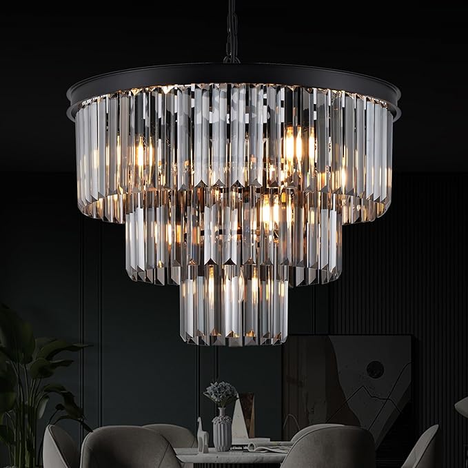 Smoke Gray Crystal Chandeliers Black Round 20" Chandelier Modern 3 Tiers 7-Light Ceiling Pendant Light Fixture Luxury K9 Crystal Lighting for Dining Room Bedroom Kitchen Foyer