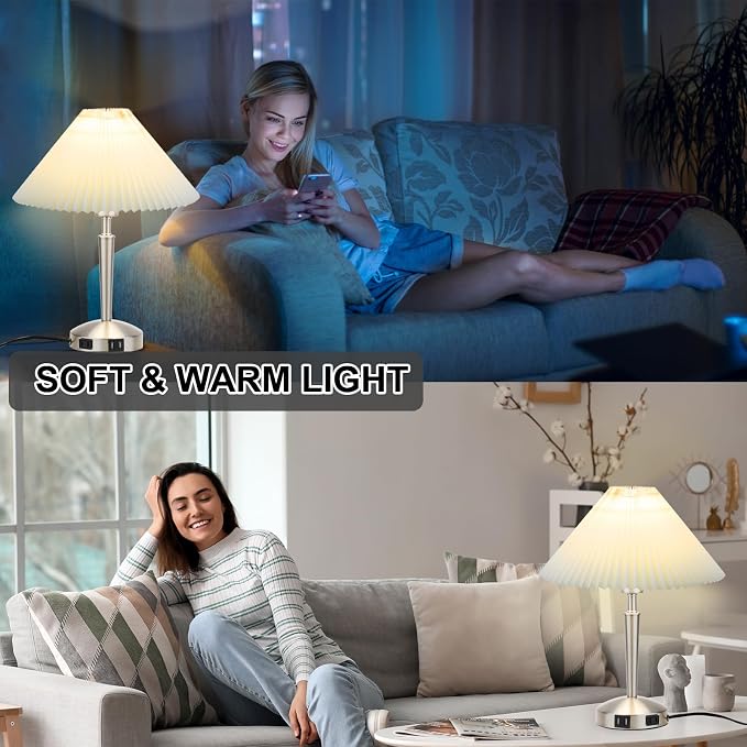 Touch Bedside Table Lamp - Modern Small Lamp for Bedroom Living Room Nightstand, Desk lamp with Fabric Lamp Shade, Warm LED Bulb, 3 Way Dimmable, Simple Design Mother's Day Gifts (Silver)