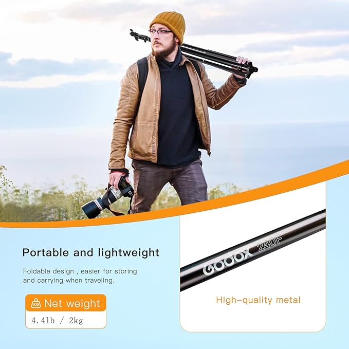 Godox Aluminum Photography Light Tripod Stand for Studio Photographic Lighting, Softboxes, Umbrellas, Backgrounds - 240CM, 94 Inches