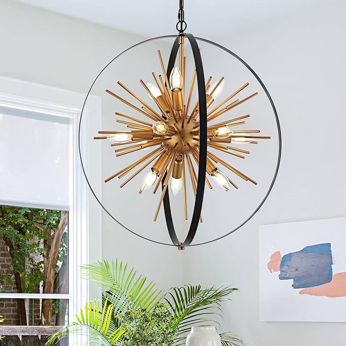 23.2" Black Gold Globe Sputnik Chandelier, 12-Light Mid Century Modern Industrial Starburst Golden Metal Satellite Light Fixture for Entryway Foyer Bedroom Dining Living Room Hallway, E12