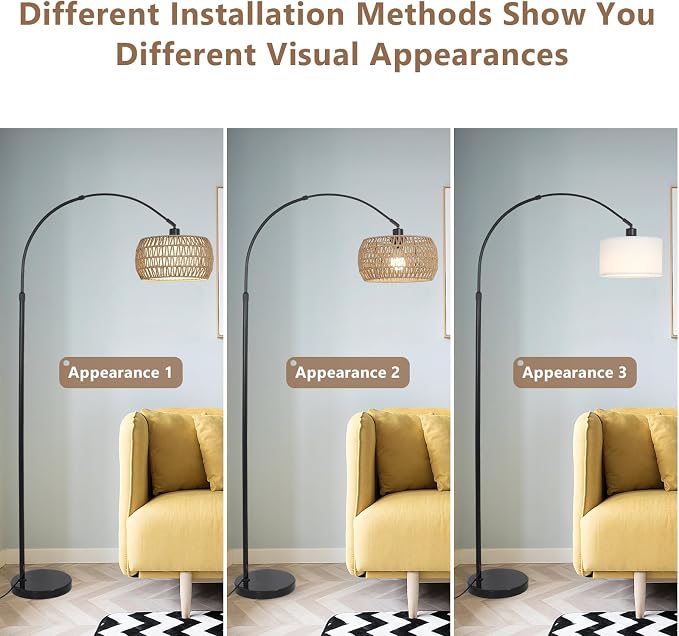 Arc Floor Lamps for Living Room with 3 Color Temperatures, Black Standing Lamp with Remote & Dimmable LED Bulb, Rattan Boho Floor Lamp, Farmhouse Tall Lamp for Bedroom, Over Couch Arched Reading Light