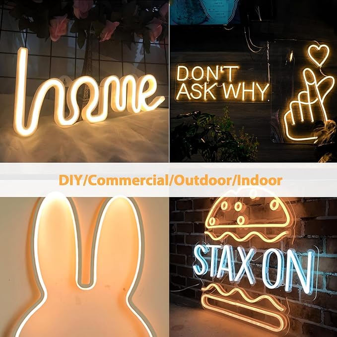 Lamomo Warm White Led Strip Lights 32.8Ft, 2 Roll Neon Rope Strip 0.39In/Cut, 12V Flex Waterproof Silicone DIY Neon Sign for Kitchen Bedroom Commercial Decor, 6mm Width（Power Adapter not Included）