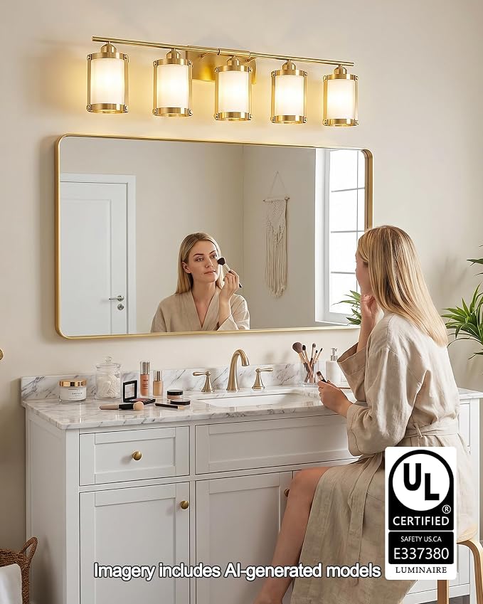 5-Light Brushed Gold Bathroom Light Fixtures Over Mirror with Frosted Milk Glass and Metal Cage Shade, 38" UL-Listed Modern Farmhouse Wall Sconce for Bath, Hardwire E26, OS-3014BGW-5W
