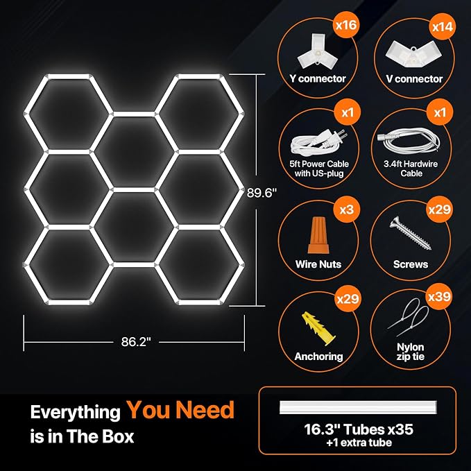 Hexagon Garage Lights: 245W 8 Grids Hexagon Led Lights 26950LM | 6500K Ultra Bright Hex Light, DIY Honeycomb Light for Garage, Shop, Basement, Barber, Homegym, Car Detailing, Studio