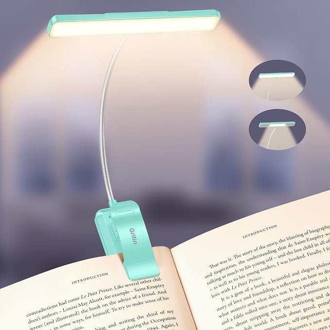 Gritin 2026 Gen 2 Book Light for Reading- 32 Eye Caring Full Spectrum LED | 5 Colors & 5 Brightness, Adjustable Wide/Narrow Beam, Upgrade 1500mAh Long-Lasting Rechargeable Clip on Light-Blue