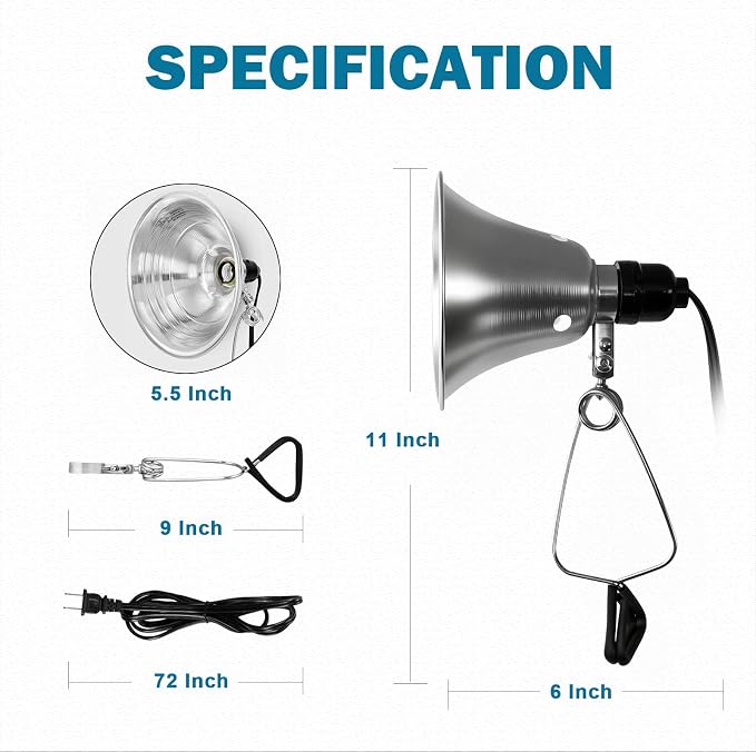 EP Clamp Lamp Light with Detachable 5.5 Inch Aluminum Reflector, 60 Watt E26 Socket (No Bulb Included), 6 Foot 18/2 SPT-2 Cord Cord, 1 Pack